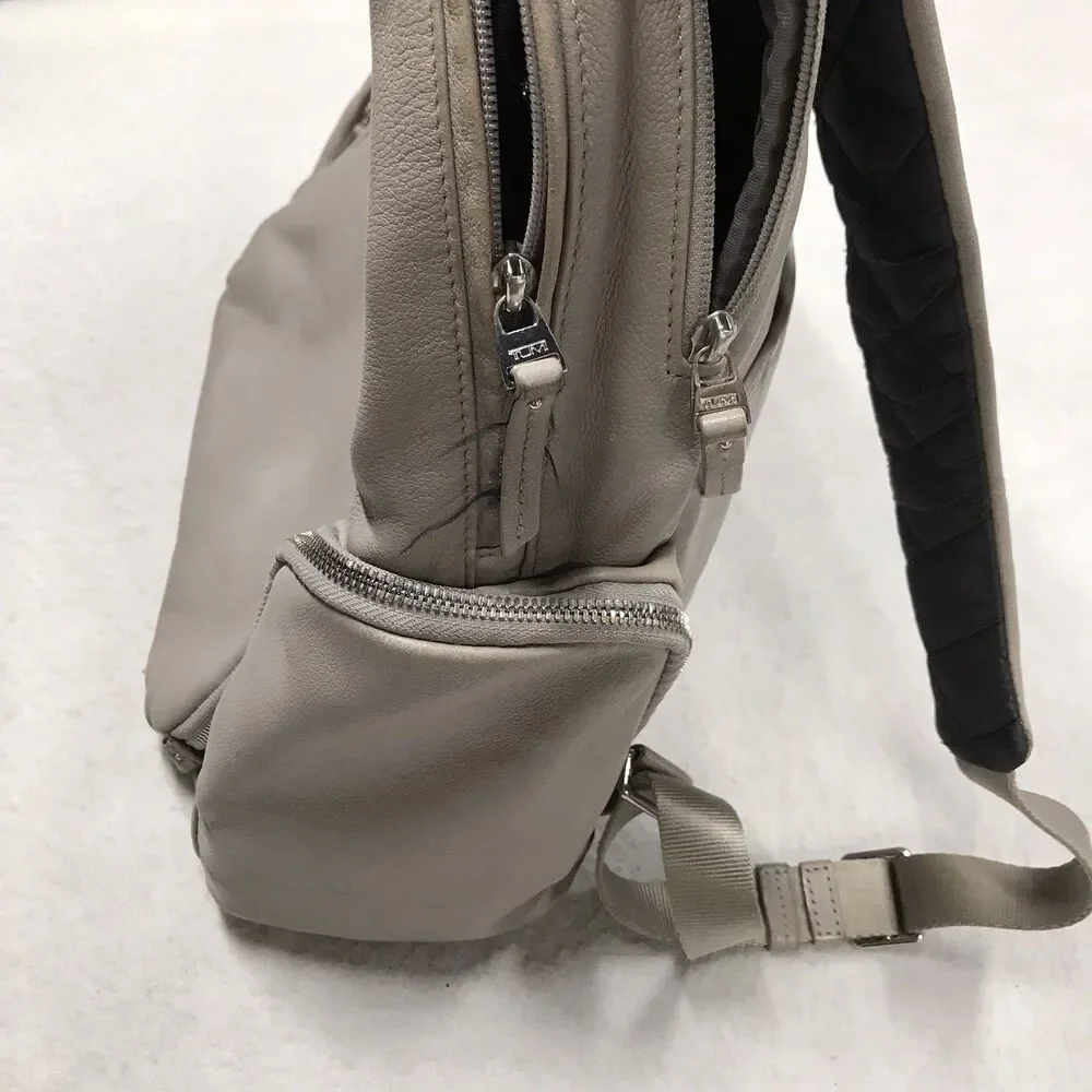 TUMI Voyageur Calais Laptop Backpack Leather Travel Gray Side Zip Padded Shoulde